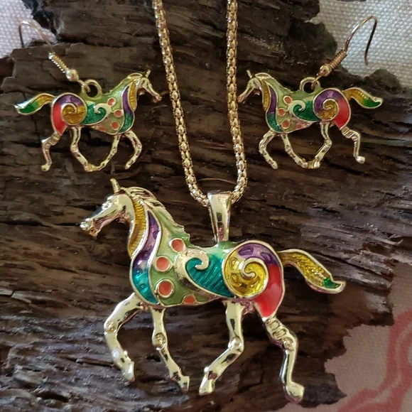 Trotting Horse Set. Horse Earrings Horse Necklace Cowgirl Colorful Rodeo Pony - Picture 1 of 13